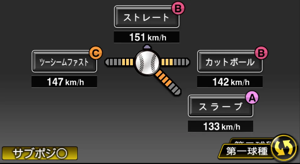 及川 雅貴の球種(ゲーム内の画面)