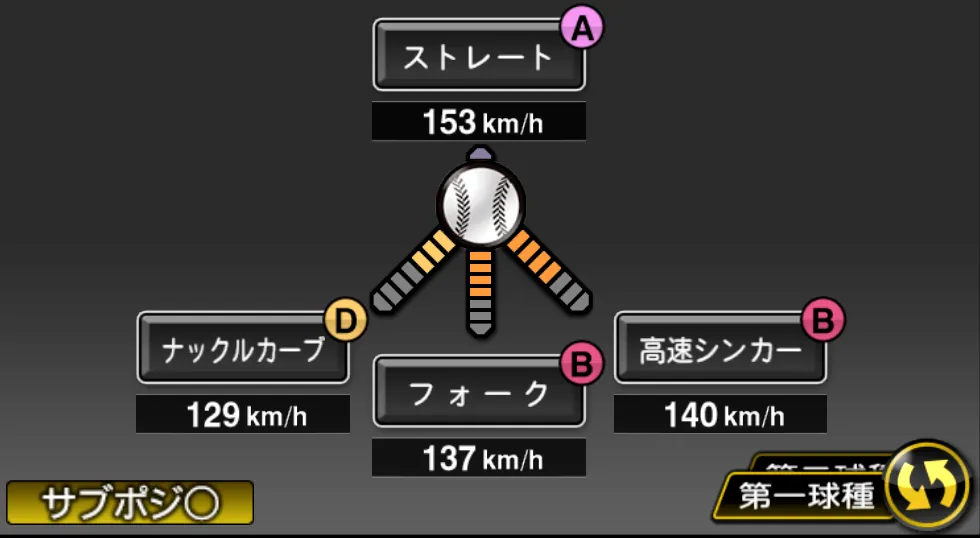 石井 大智の球種（ゲーム内の画面）