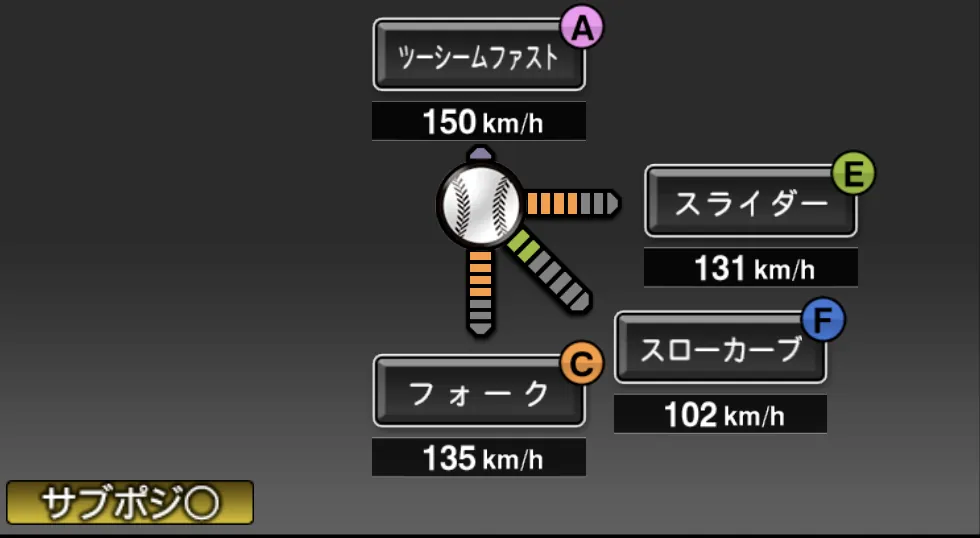 江草 仁貴の球種(ゲーム内の画面)
