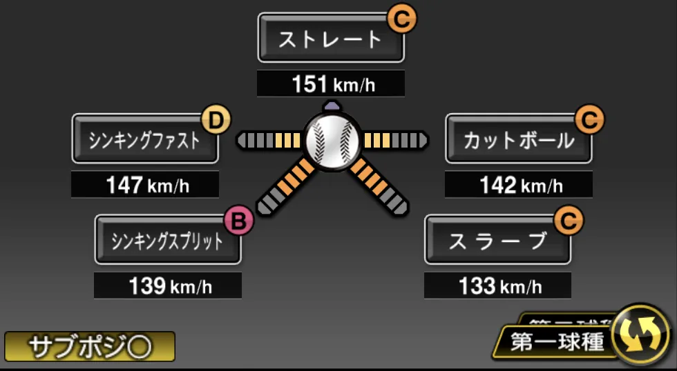 髙橋 遥人の球種（ゲーム内の画面）