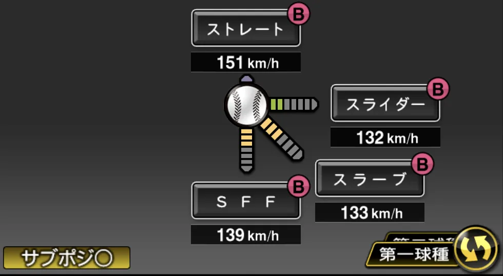 桐敷 拓馬の球種（ゲーム内の画面）