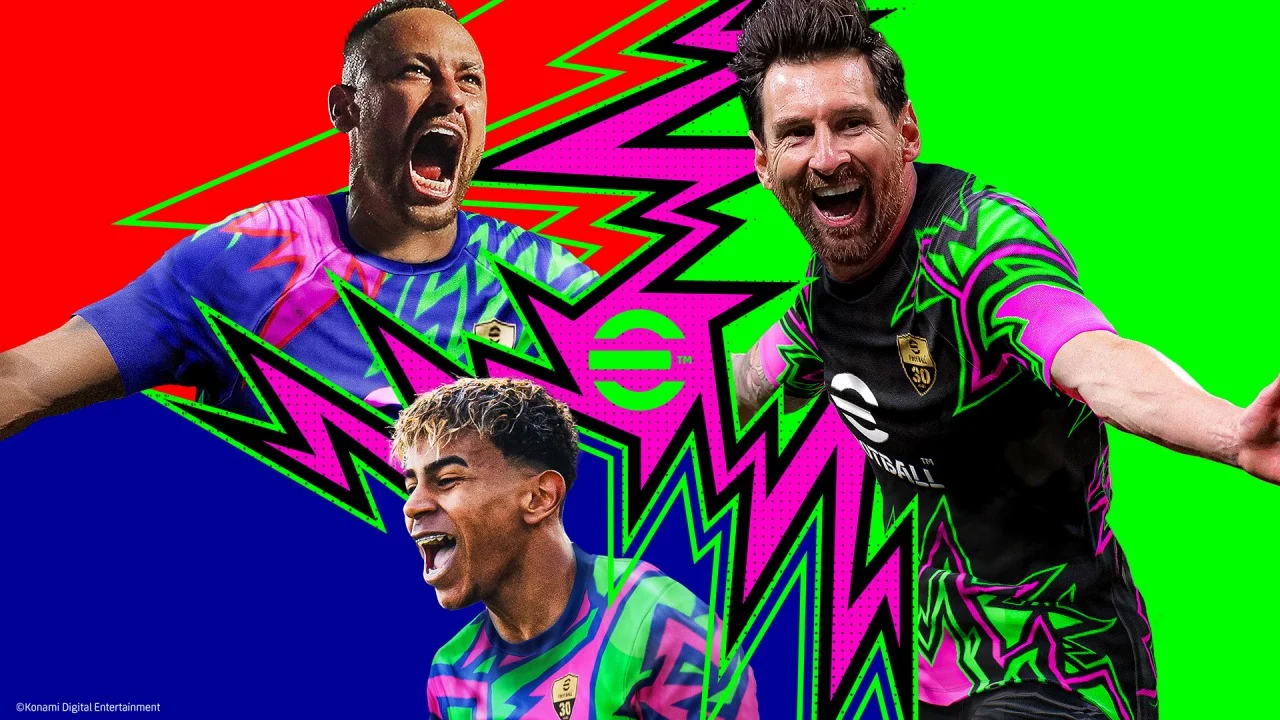 ネイマール、リオネル・メッシ、ラミン・ヤマルが並ぶeFootballのビジュアル